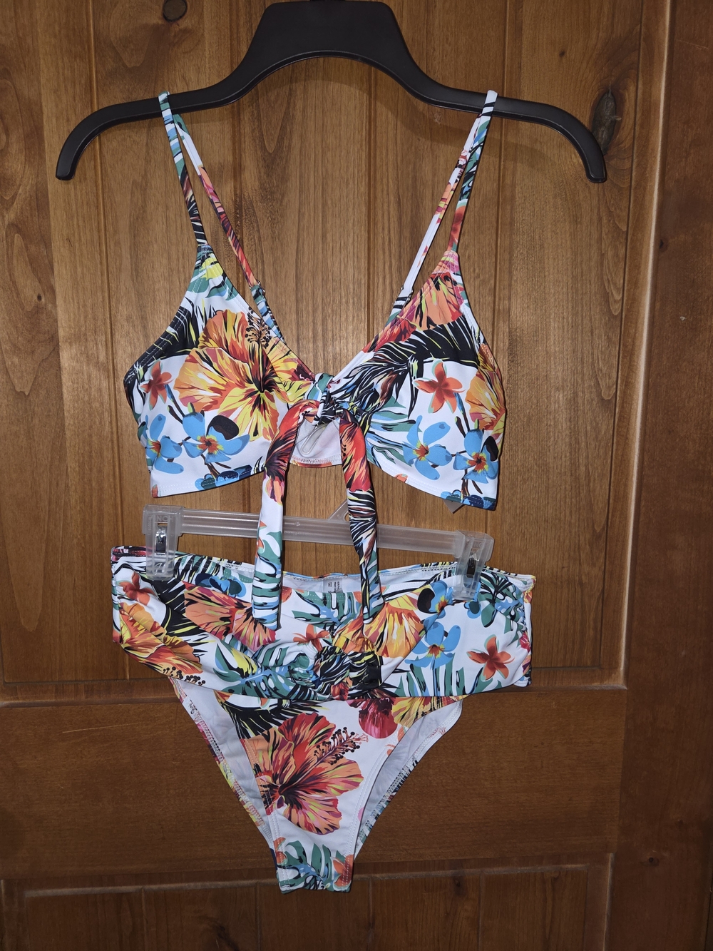 Tropical Floral Tie-Front Bikini Set - White‎ with Multicolor Floral